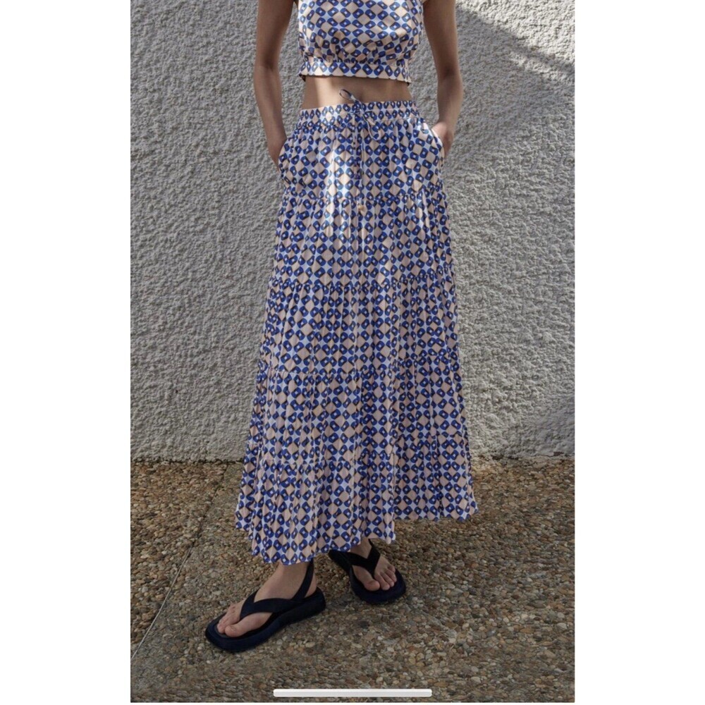 ZARA Geometric Print Maxi Skirt Women’s Size S Pockets Summer Vacation